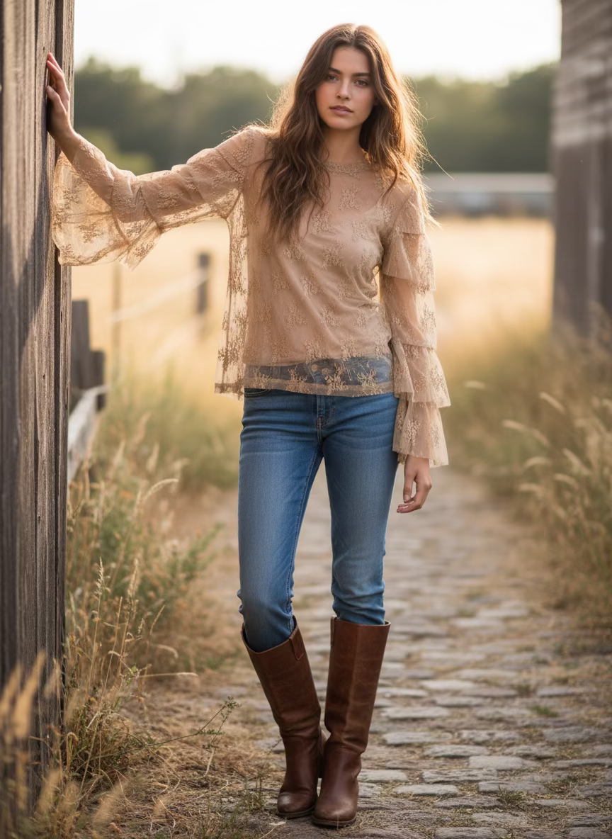 TH70 TAN  Lace Sleeve Ruffle LACE TOP (7 Piece)