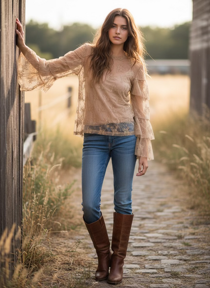 TH70 TAN  Lace Sleeve Ruffle LACE TOP (7 Piece)