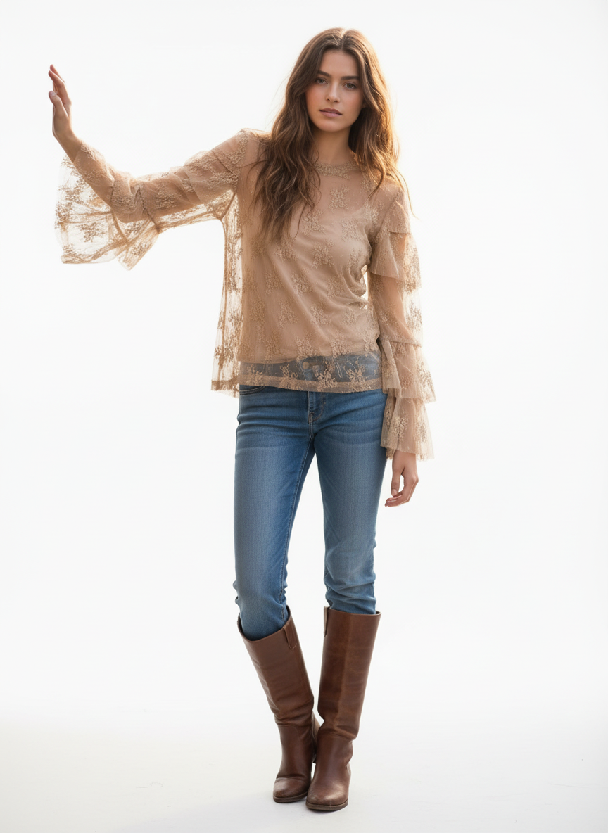 TH70 TAN  Lace Sleeve Ruffle LACE TOP (7 Piece)