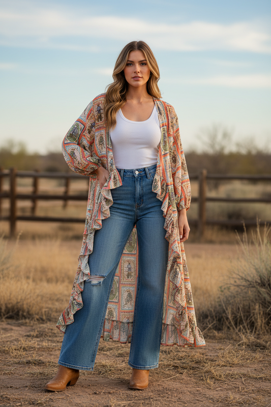 TH6170 PEACH SQUARE COWBOY  KIMONO (6 Piece)