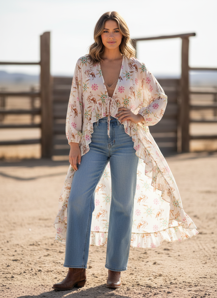 TH6170 FLORAL BUCKING COWBOY  KIMONO (6 Piece)
