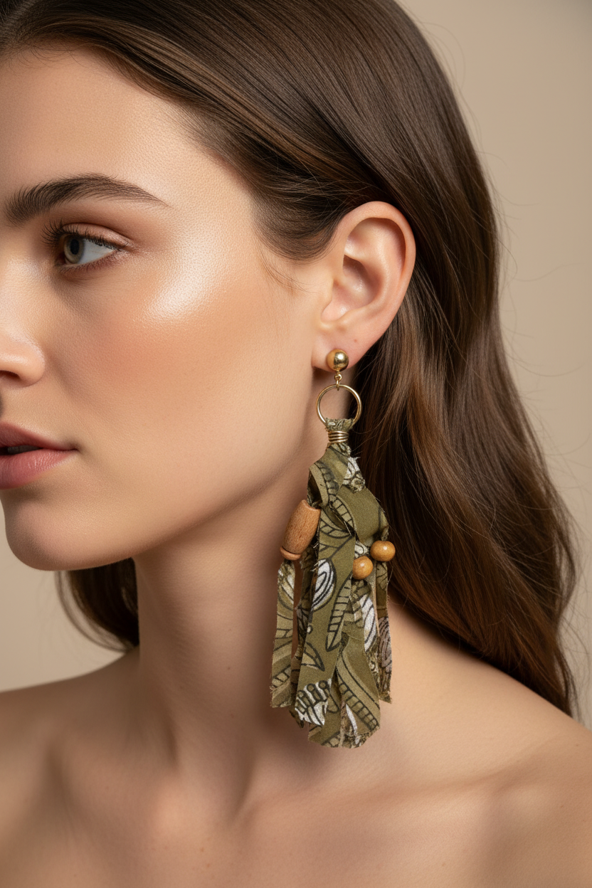 TH1152 R2 -167 FABRIC EARRINGS -OLIVE