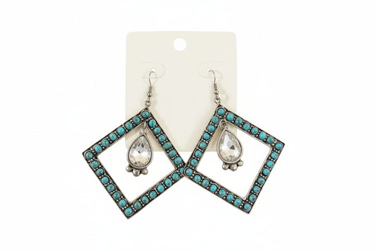 Diamond Turquoise W/ Center Crystal Earrings