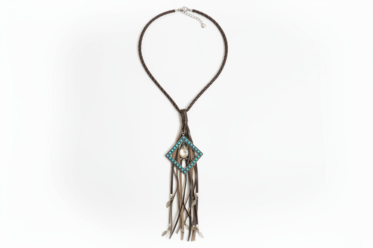 Diamond Turquoise W/ Crystal on Leather Cord NL