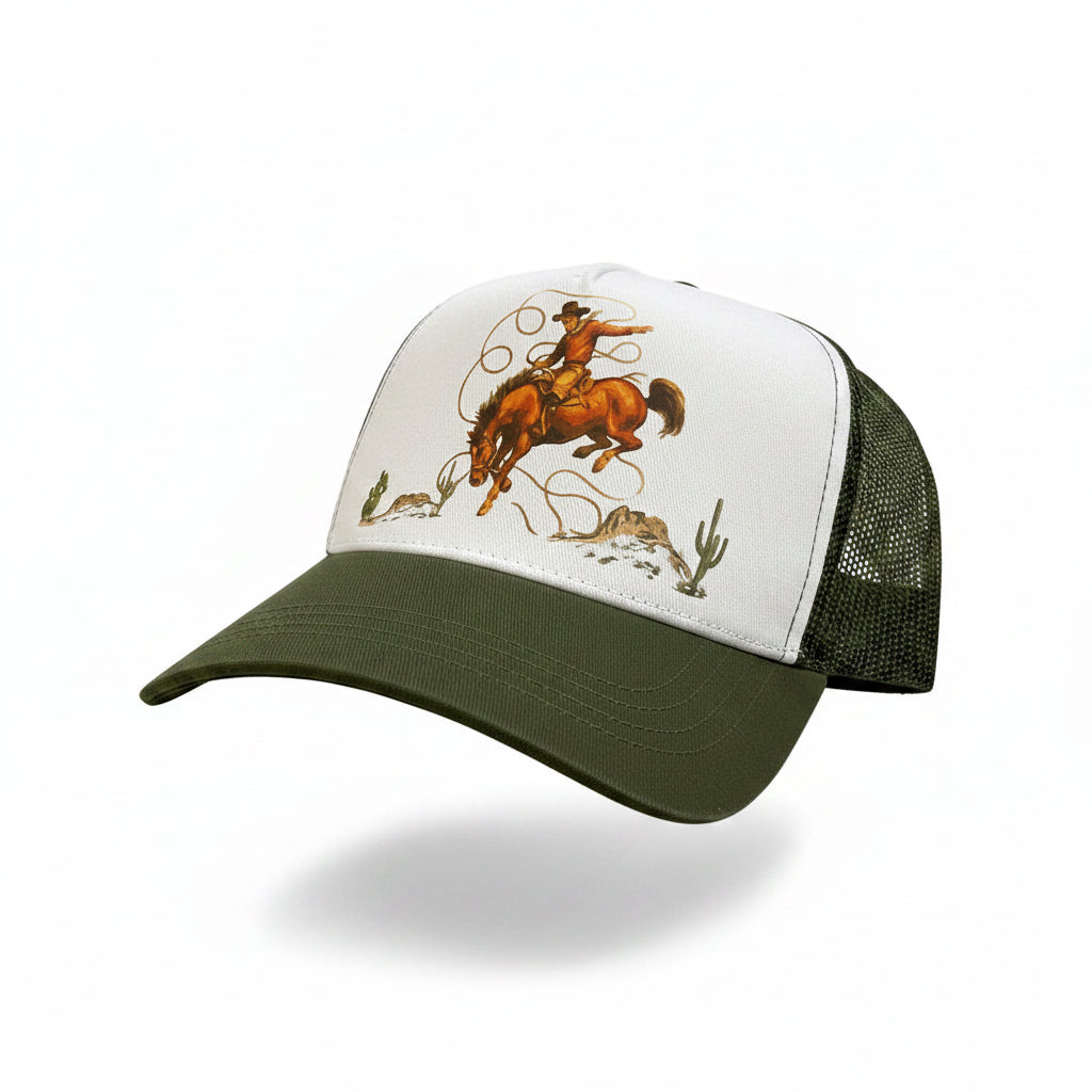 TH9076 TRUCKER HAT OLIVE BUCKING HORSE
