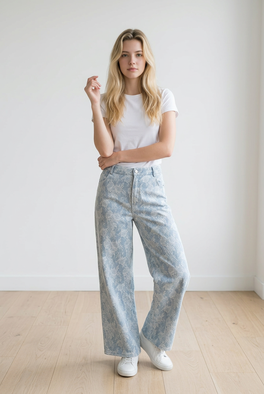 TH8001 LACE DENIM WIDE LEGGED JEAN