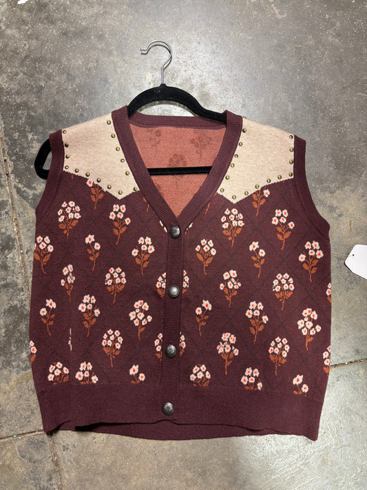 TH316 SWEATER VEST BROWN FLOWER CLUSTER