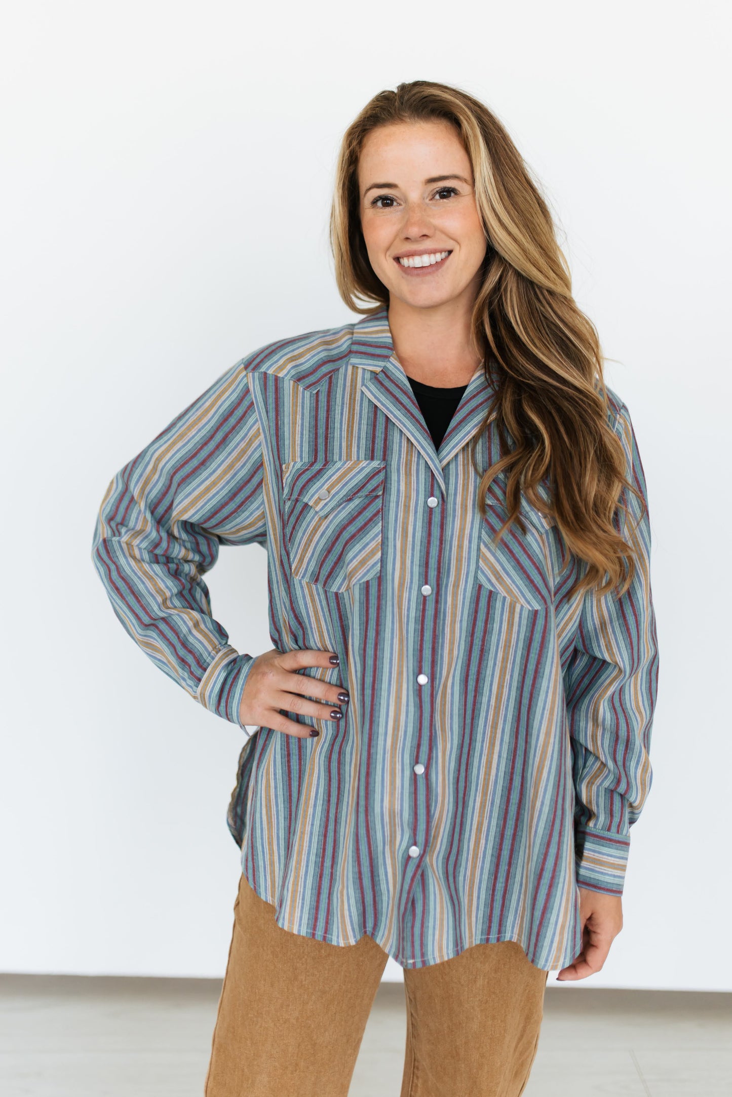 TH15 COLLAR PEARL SNAP BLUE PLUM VINTAGE STRIPE TOP (7 Pieces)