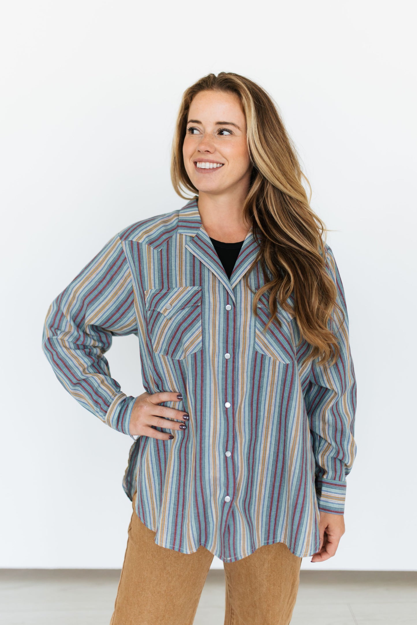 TH15 COLLAR PEARL SNAP BLUE PLUM VINTAGE STRIPE TOP (7 Pieces)