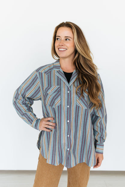 TH15 COLLAR PEARL SNAP BLUE PLUM VINTAGE STRIPE TOP (7 Pieces)