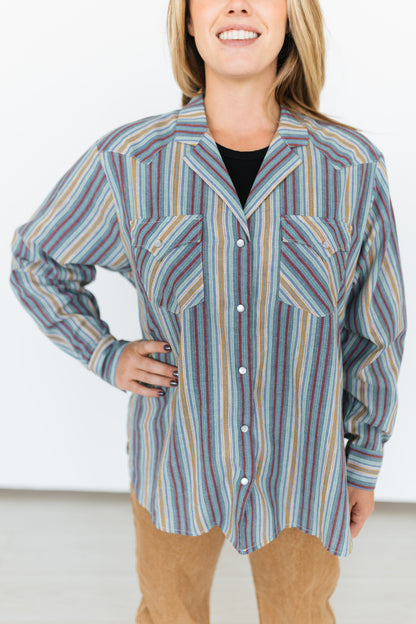 TH15 COLLAR PEARL SNAP BLUE PLUM VINTAGE STRIPE TOP (7 Pieces)