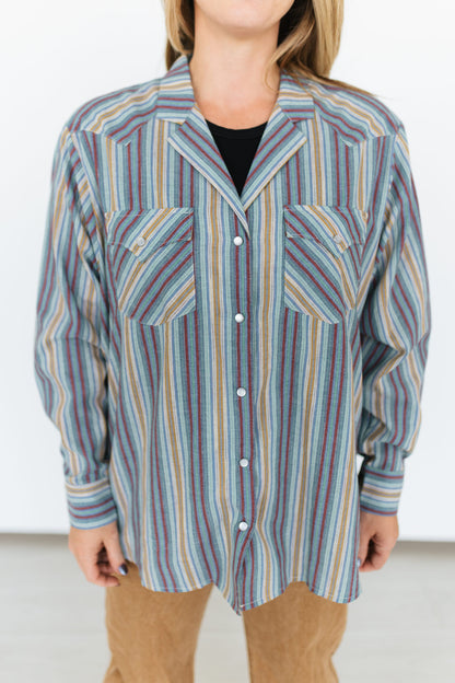 TH15 COLLAR PEARL SNAP BLUE PLUM VINTAGE STRIPE TOP (7 Pieces)