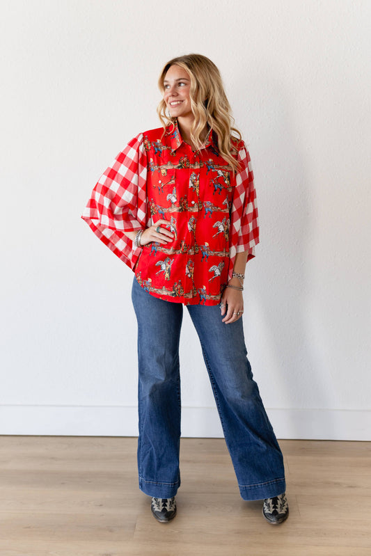 TH102 RED WHITE GINGHAM WESTERN TOP (7 Piece)