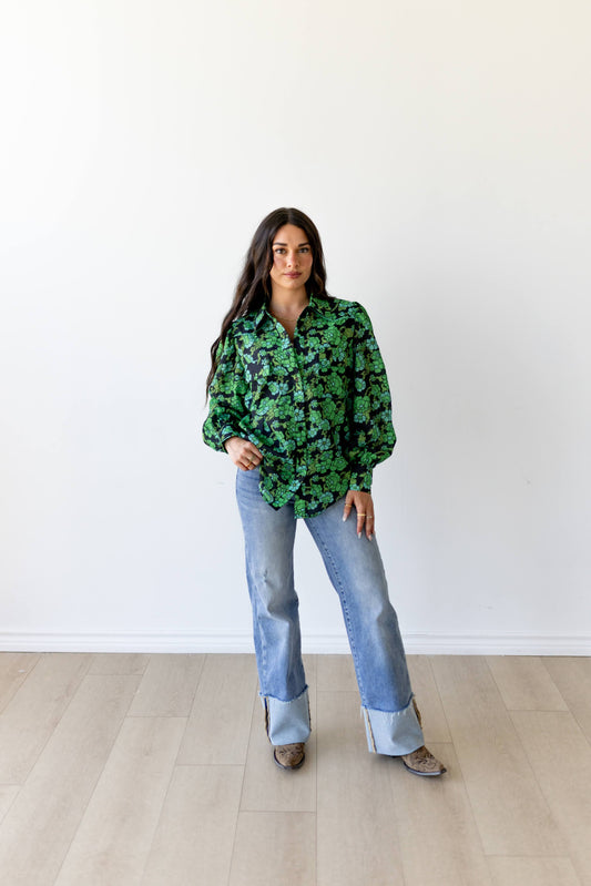TH2786 GREEN FLORAL  YOKE PUFF BLOUSE (7 Piece)