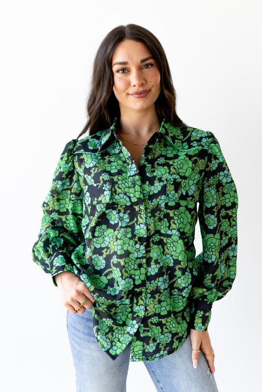 TH2786 GREEN FLORAL  YOKE PUFF BLOUSE (7 Piece)