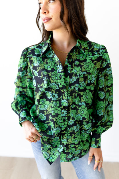 TH2786 GREEN FLORAL  YOKE PUFF BLOUSE (7 Piece)