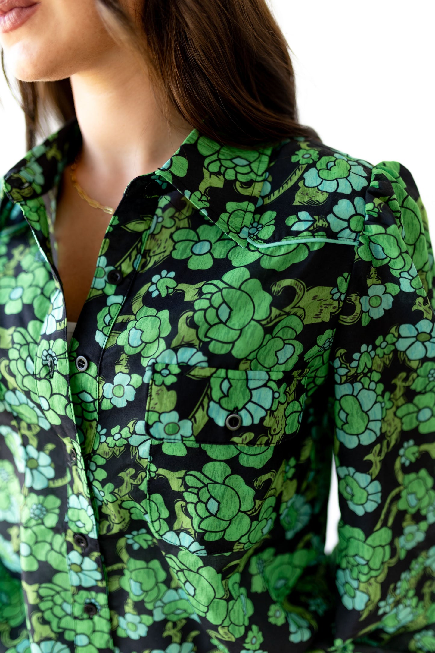TH2786 GREEN FLORAL  YOKE PUFF BLOUSE (7 Piece)