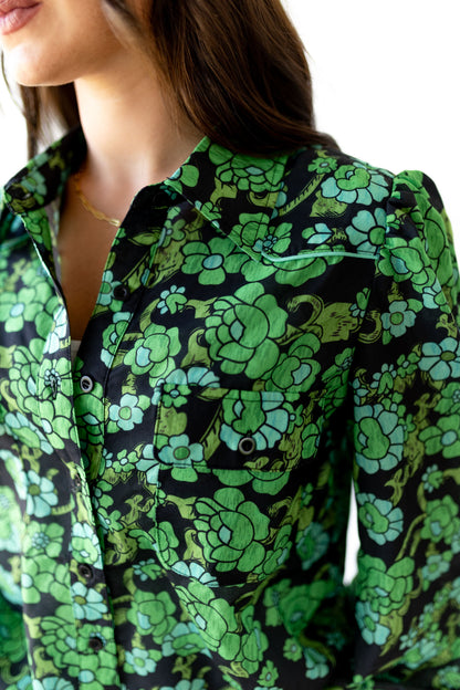 TH2786 GREEN FLORAL  YOKE PUFF BLOUSE (7 Piece)