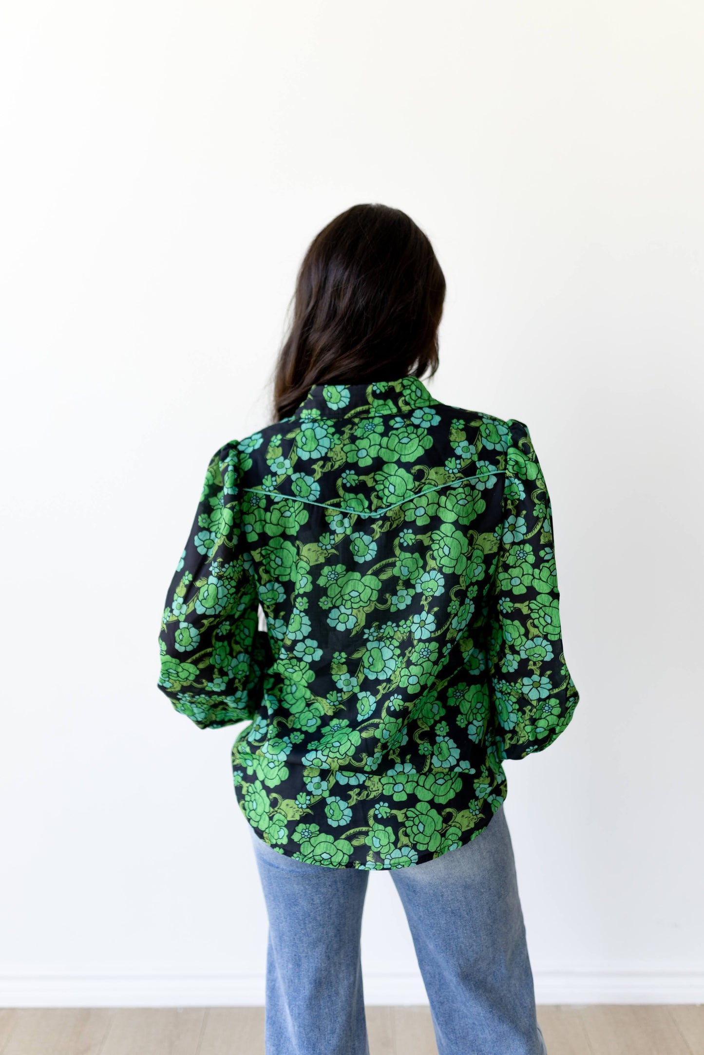 TH2786 GREEN FLORAL  YOKE PUFF BLOUSE (7 Piece)