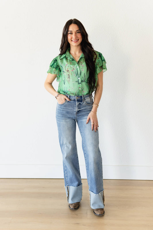 TH198 GREEN ROPING COWBOY CACTUS DOUBLE FLUTTER BLOUSE (7 Piece)