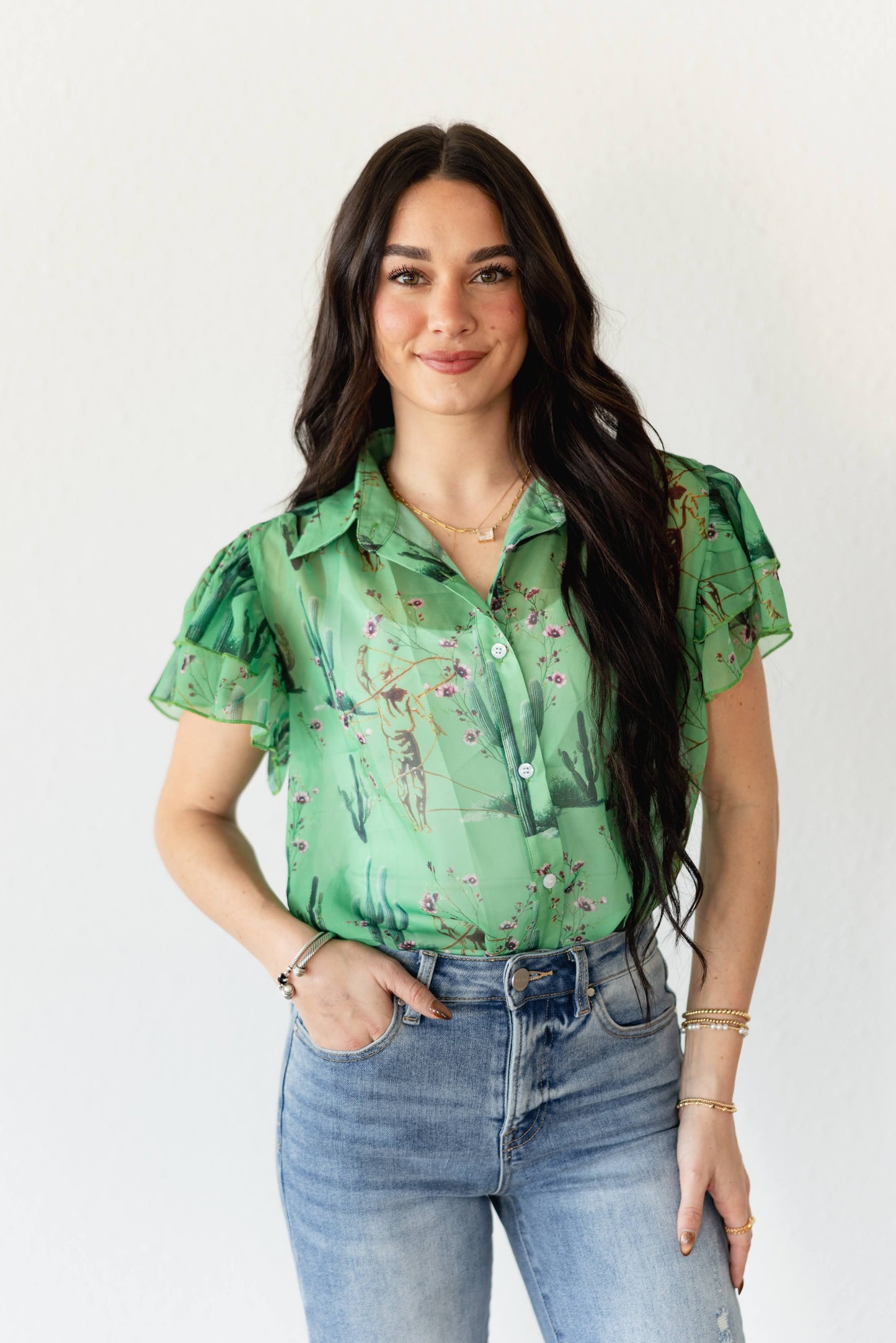 TH198 GREEN ROPING COWBOY CACTUS DOUBLE FLUTTER BLOUSE (7 Piece)