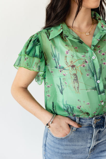 TH198 GREEN ROPING COWBOY CACTUS DOUBLE FLUTTER BLOUSE (7 Piece)