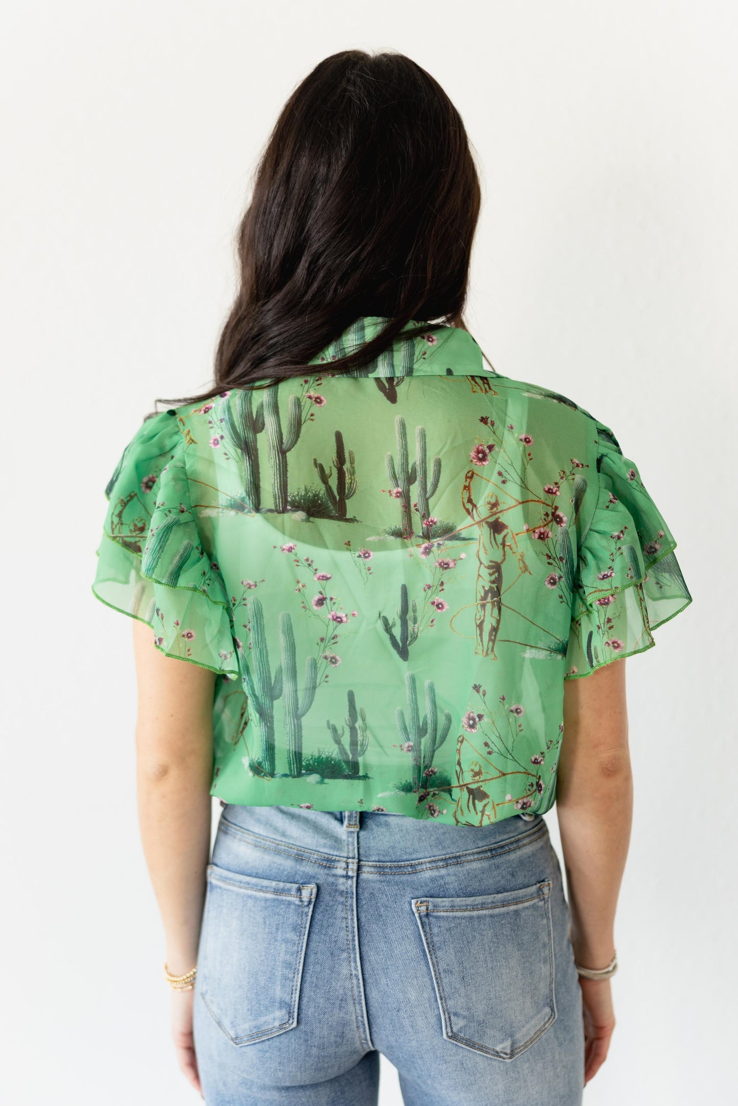 TH198 GREEN ROPING COWBOY CACTUS DOUBLE FLUTTER BLOUSE (7 Piece)
