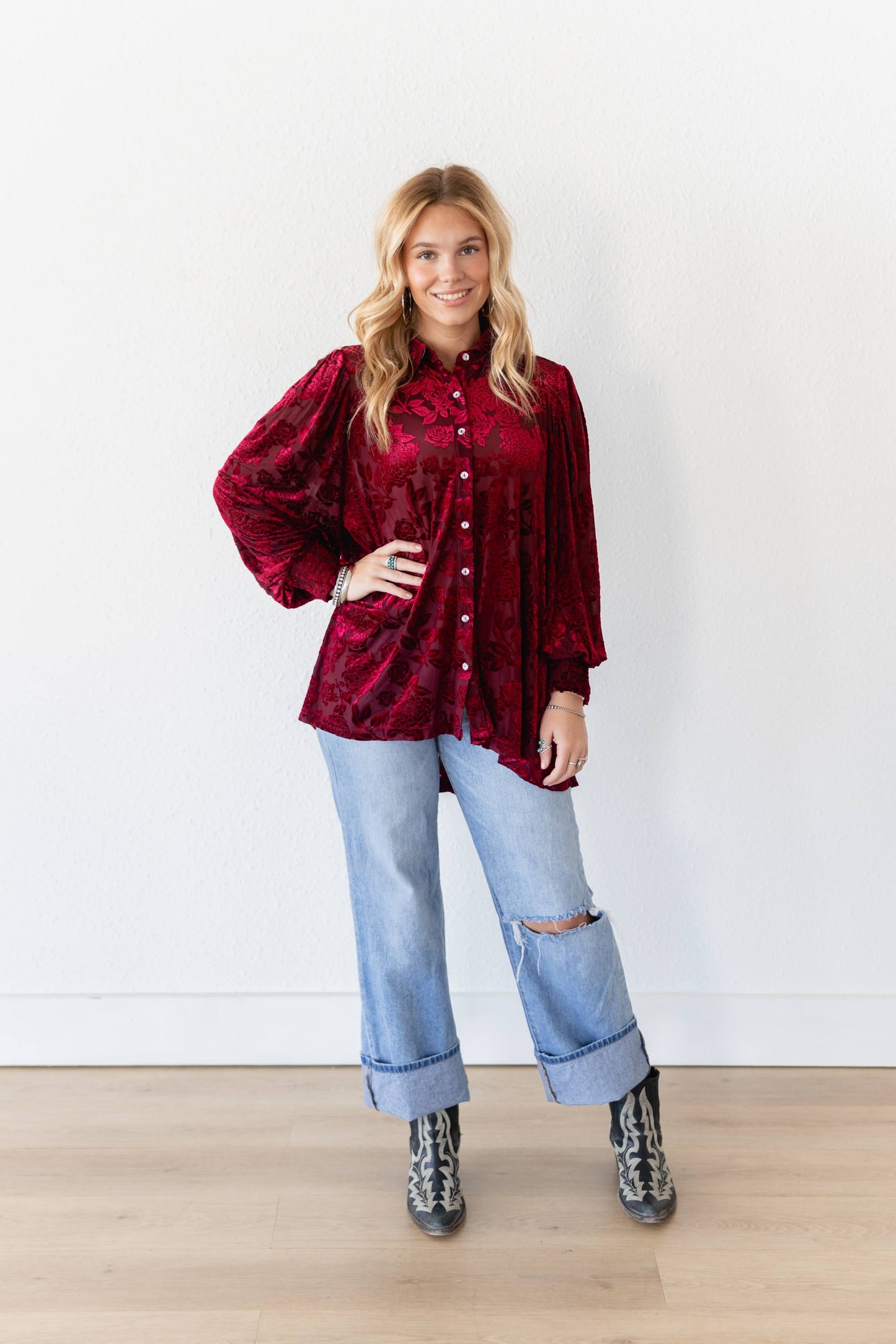 TH2776 WINE VELVET BOHO BLOUSE TH24 (7 Piece)