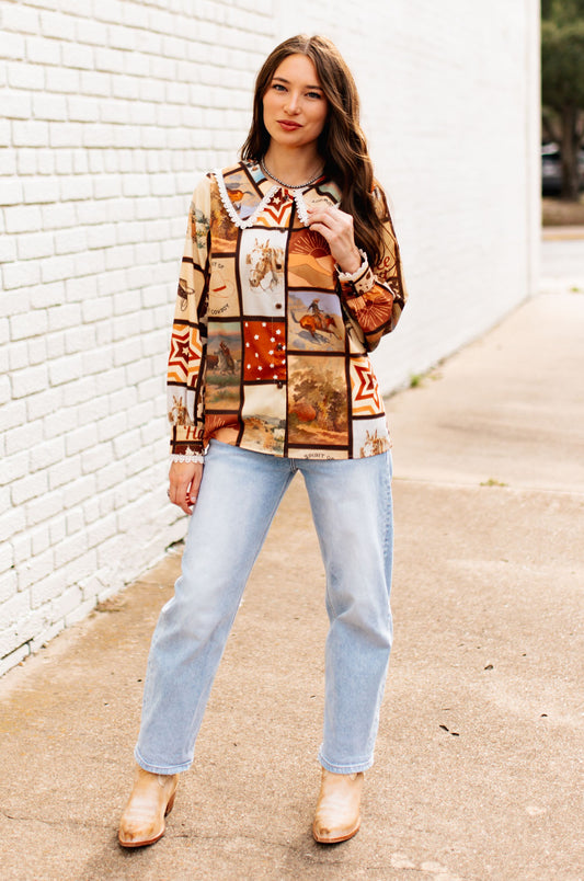 TH2783 BROWN SQUARE WESTERN COLLAR BLOUSE (7 Piece)