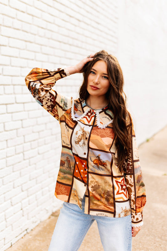 TH2783 BROWN SQUARE WESTERN COLLAR BLOUSE (7 Piece)