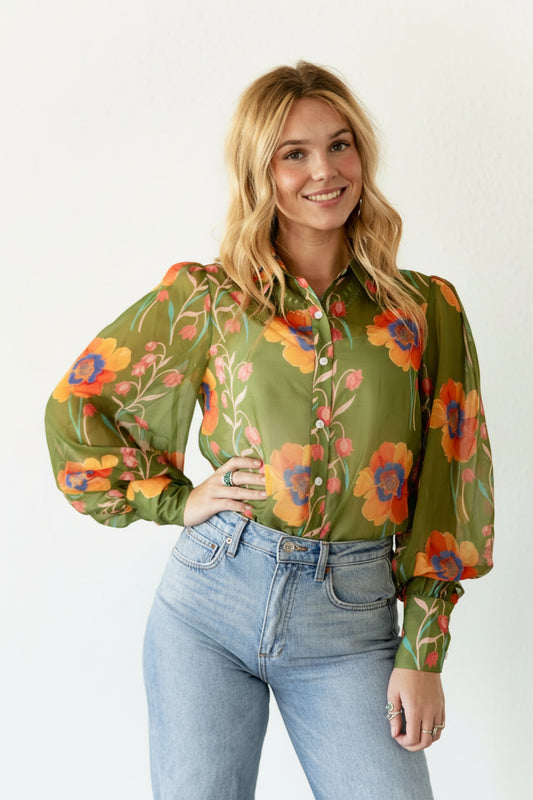 TH11 OLIVE GREEN FLORAL BLOUSE  (7 Pieces)