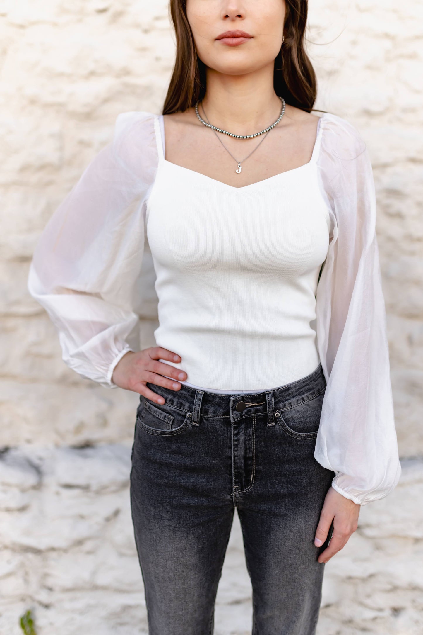 TH2025 IVORY TOP WITH SHEER SLEEVE LONG SLEEVE (7 Piece)