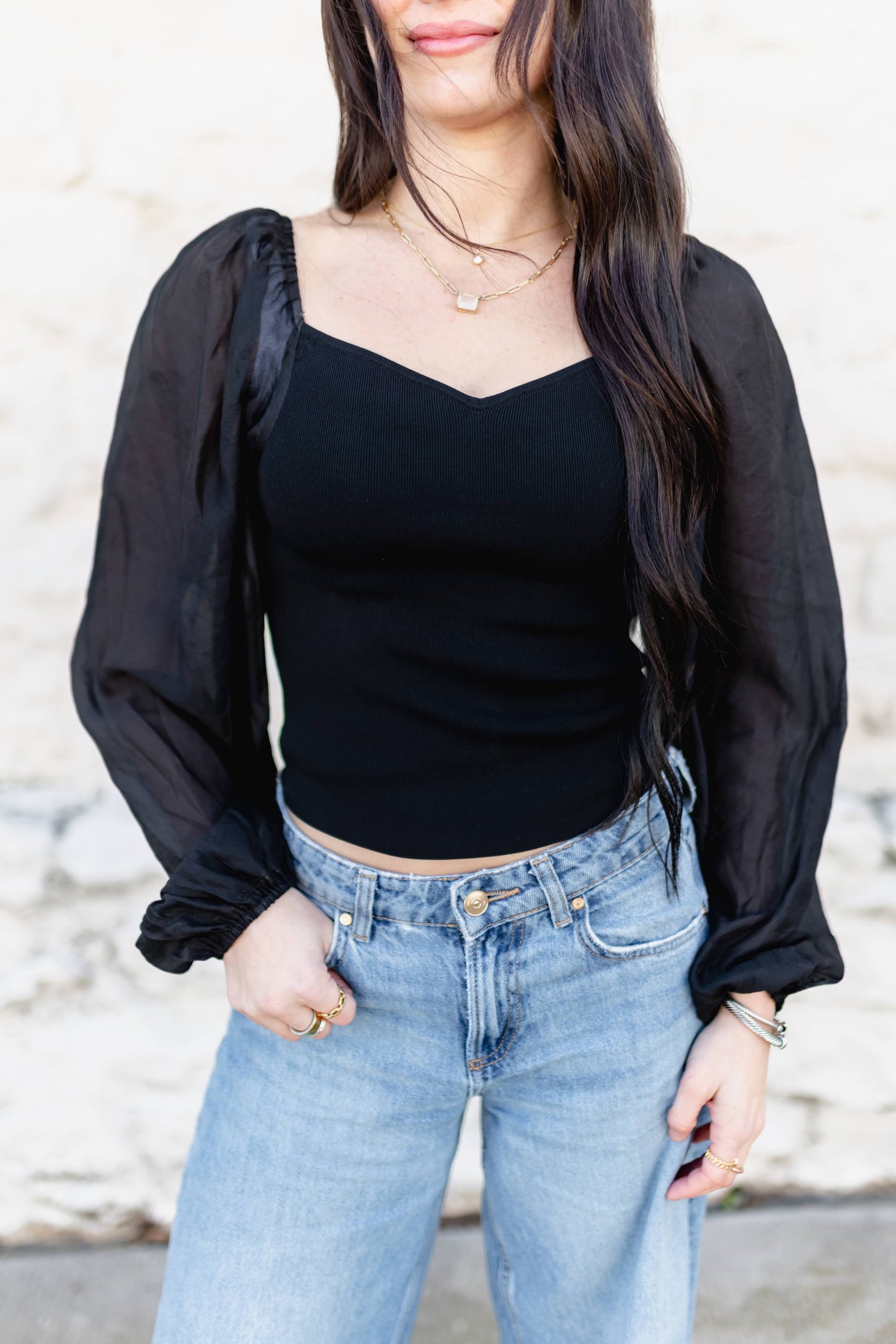 TH2025  BLACK TOP WITH SHEER SLEEVE LONG SLEEVE (7 Piece)