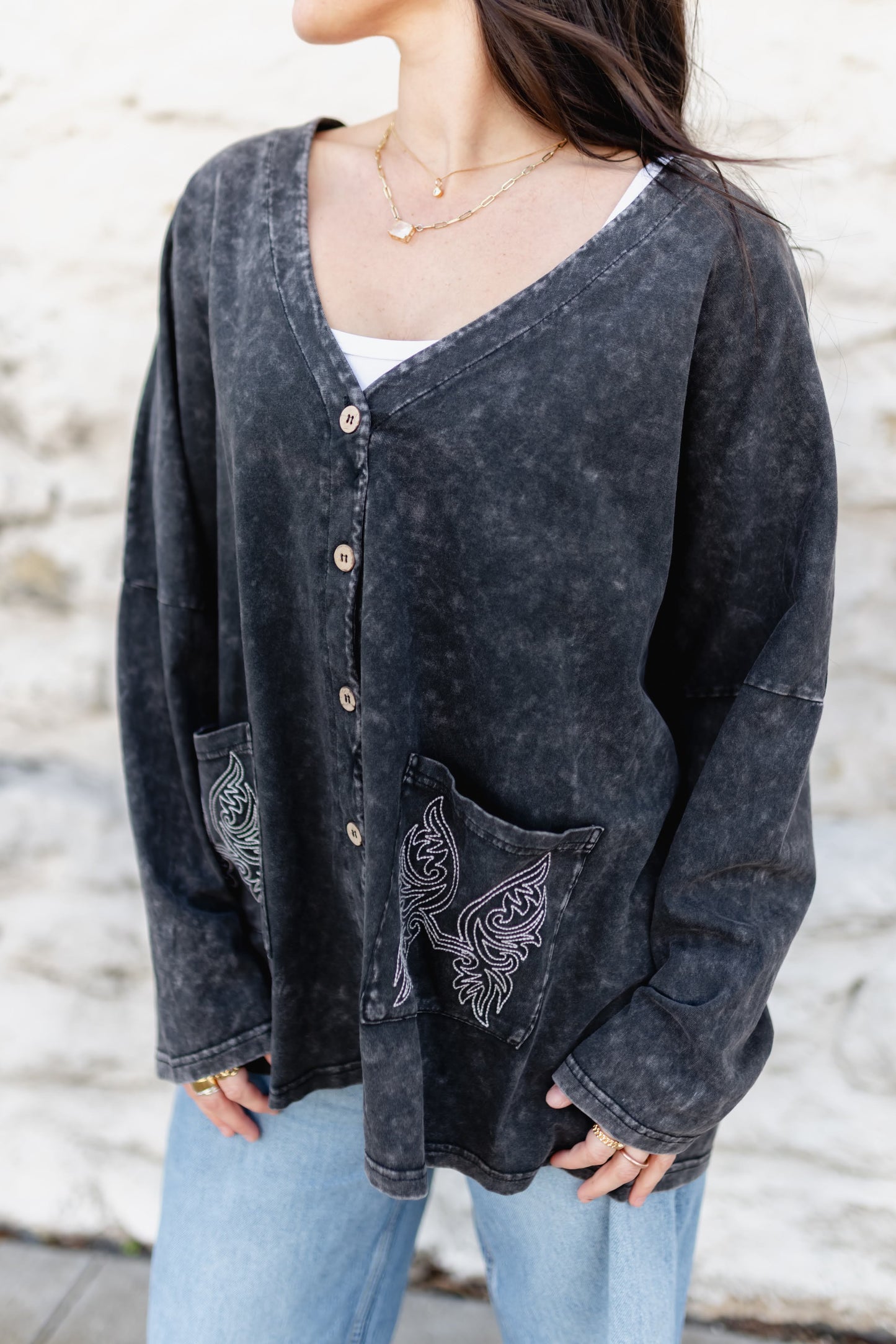 TH8326  VINTAGE WASH CARDI WITH STITCH (7 Piece)