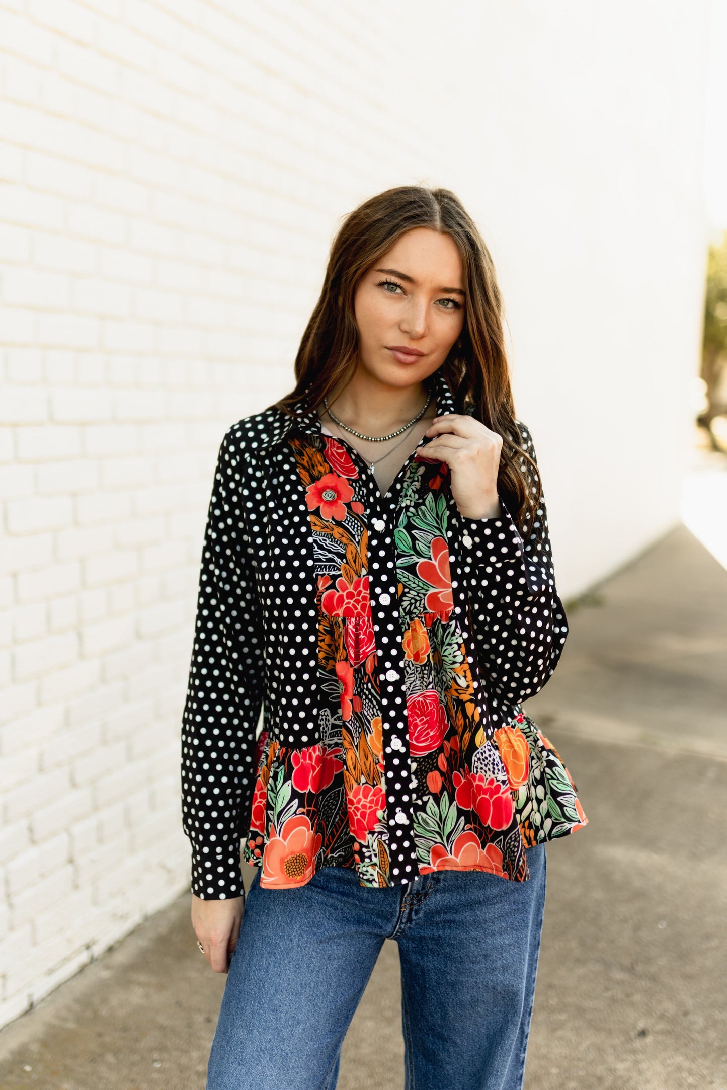 TH22603 BLACK POKLA DOT WITH FLORAL RUFFLE TOP (7 Piece)