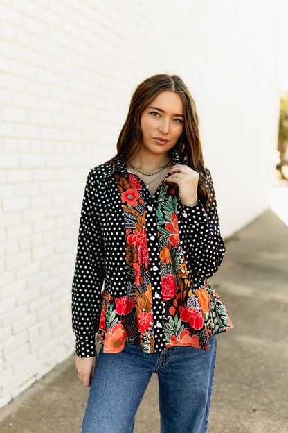 TH22603 BLACK POKLA DOT WITH FLORAL RUFFLE TOP (7 Piece)