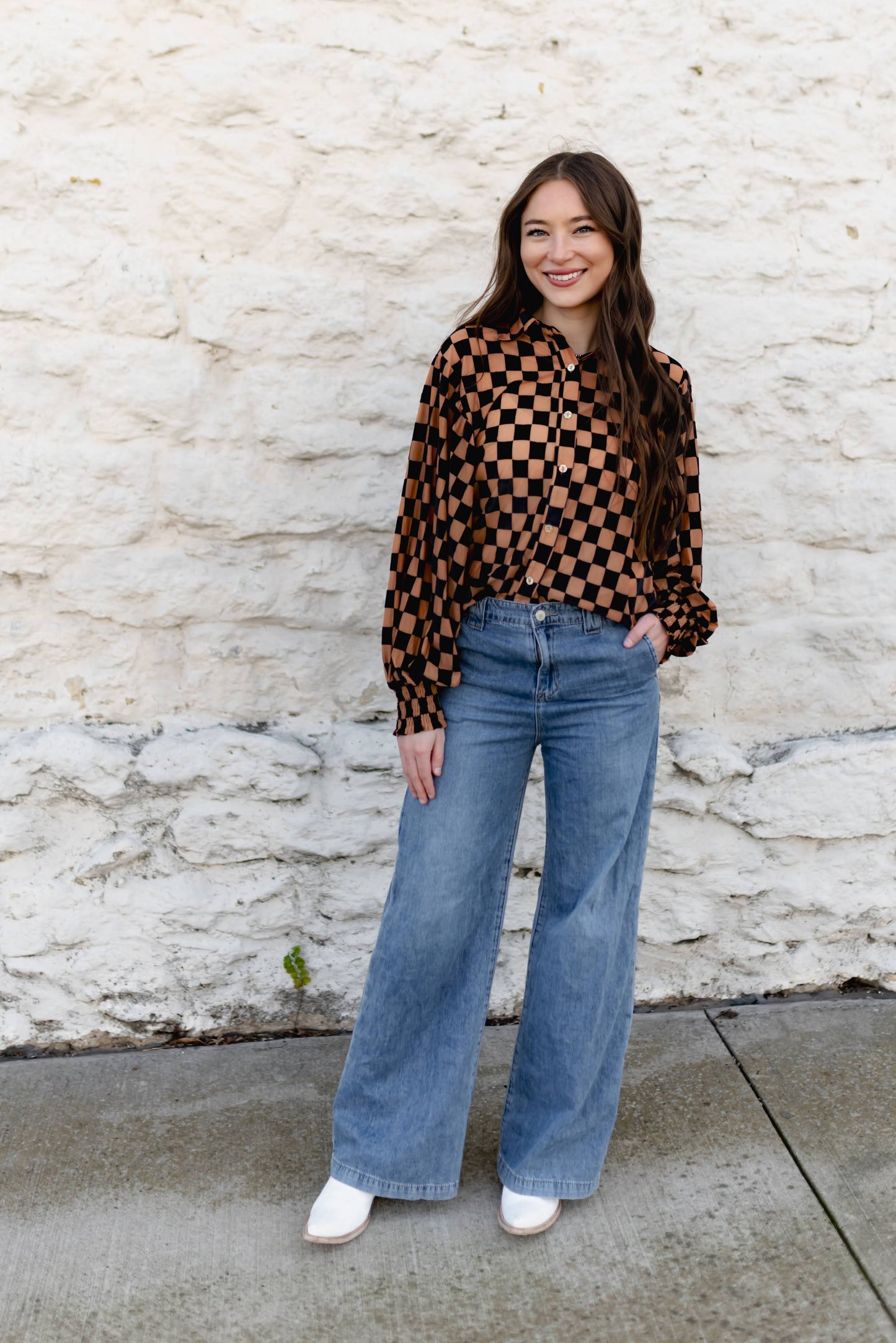 TH23 BLK NUDE CHECKER  BURNOUT TOP (7 PIECES)