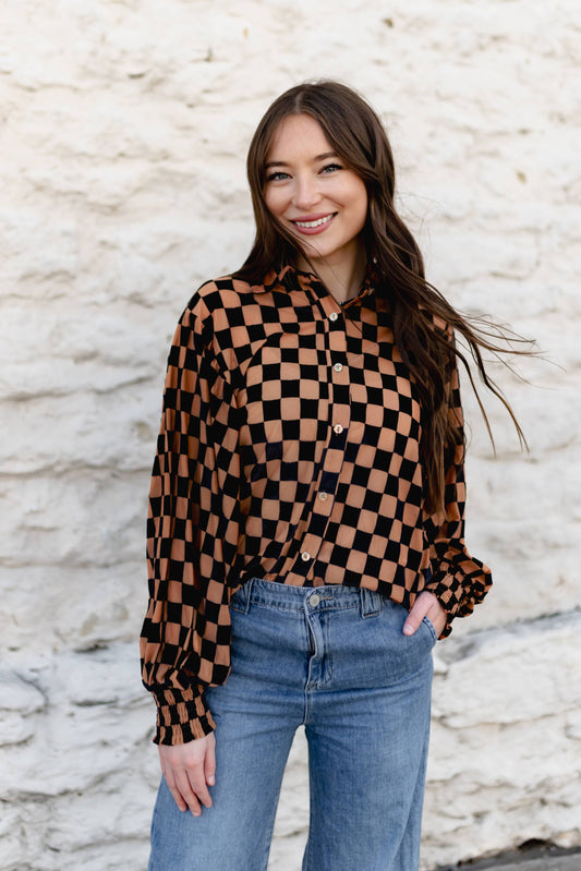 TH23 BLK NUDE CHECKER  BURNOUT TOP (7 PIECES)