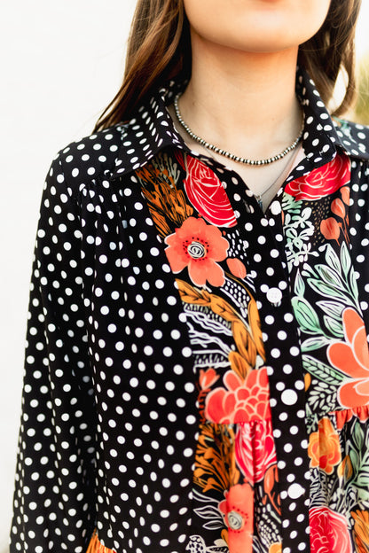 TH22603 BLACK POKLA DOT WITH FLORAL RUFFLE TOP (7 Piece)