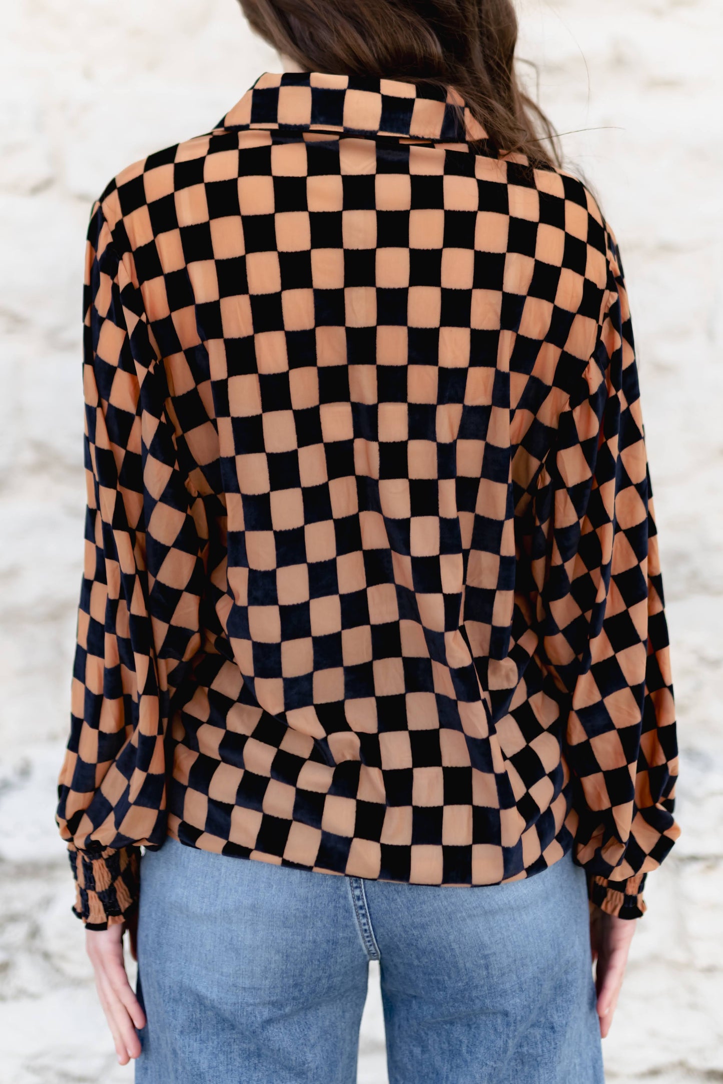 TH23 BLK NUDE CHECKER  BURNOUT TOP (7 PIECES)