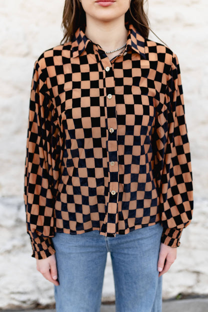 TH23 BLK NUDE CHECKER  BURNOUT TOP (7 PIECES)