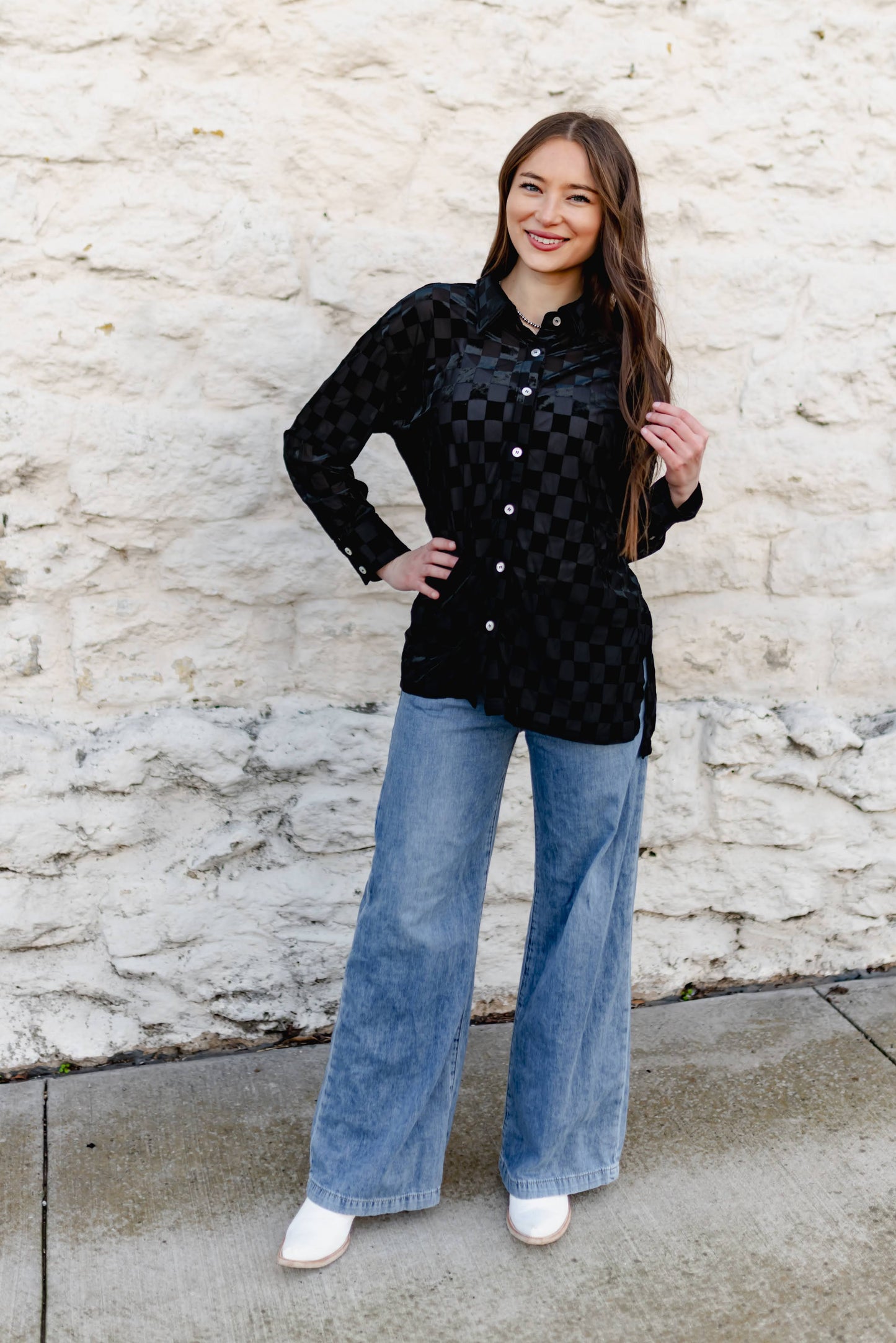 TH1305  BLACK CHECKER  BURNOUT TOP (6 PIECE)