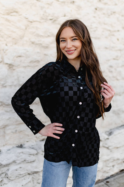 TH1305  BLACK CHECKER  BURNOUT TOP (6 PIECE)