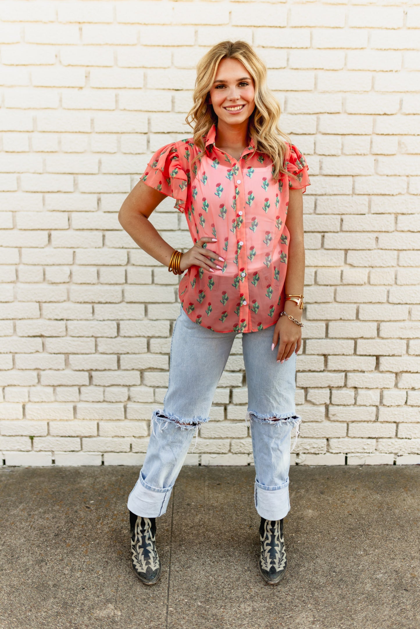 TH198 CORAL CACTUS DOUBLE FLUTTER BLOUSE (7 Piece)