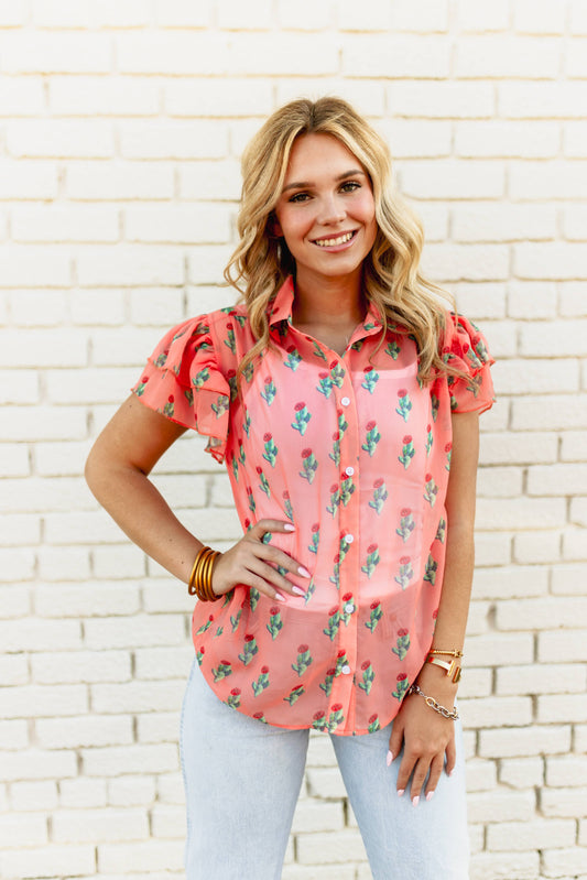 TH198 CORAL CACTUS DOUBLE FLUTTER BLOUSE (7 Piece)