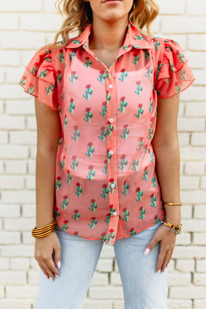 TH198 CORAL CACTUS DOUBLE FLUTTER BLOUSE (7 Piece)