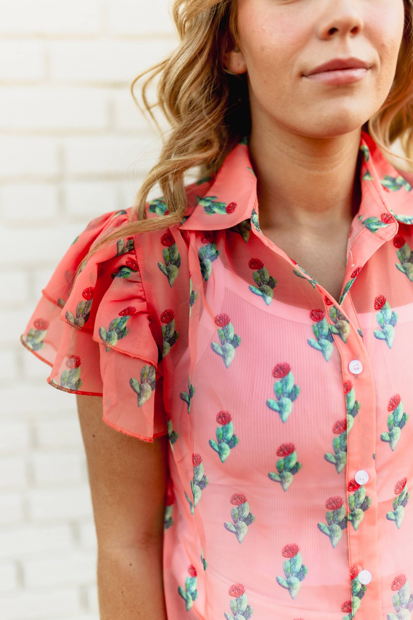 TH198 CORAL CACTUS DOUBLE FLUTTER BLOUSE (7 Piece)