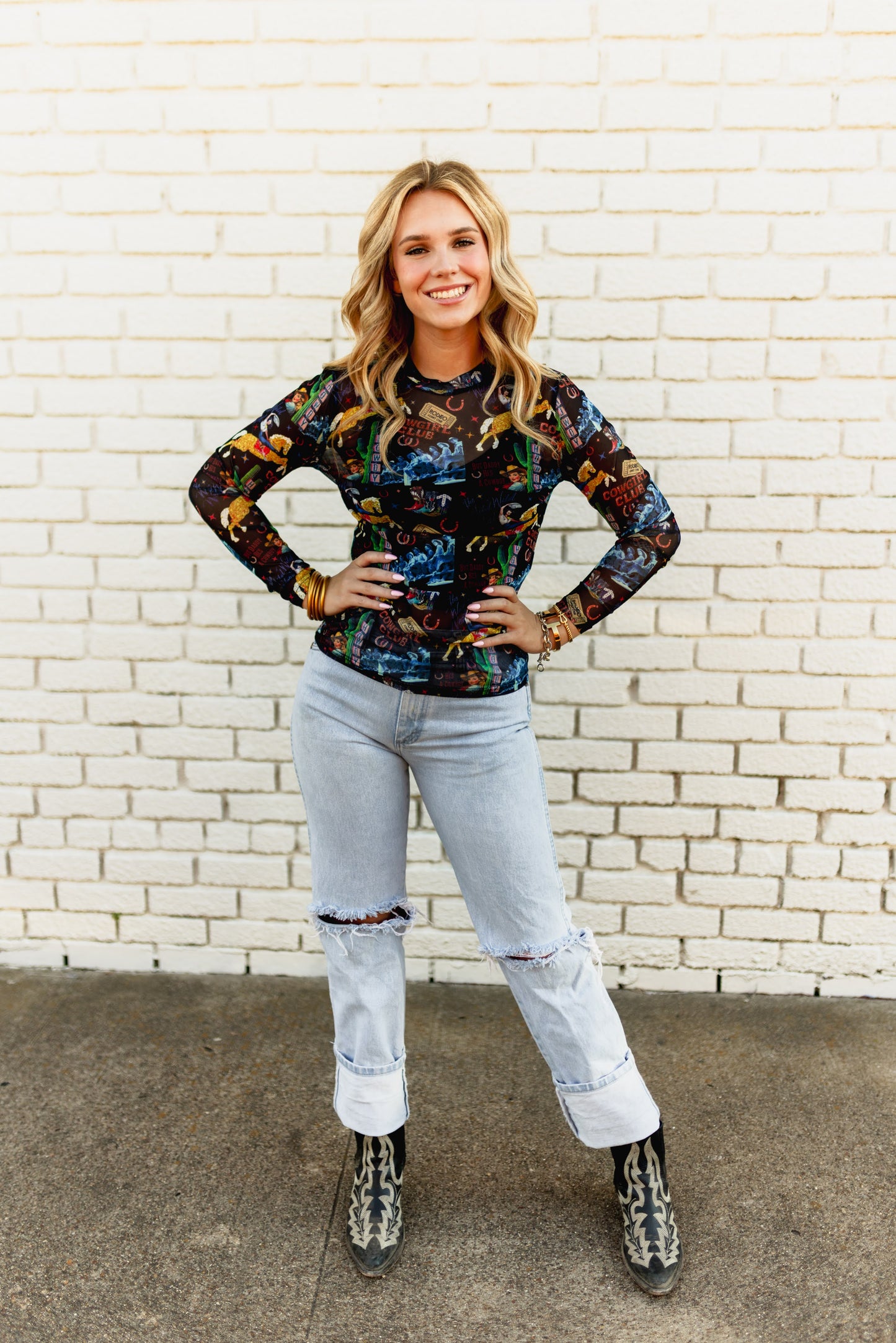 TH1221 BLACK COWGIRL COLLAGE  MESH TOP(7 Piece)