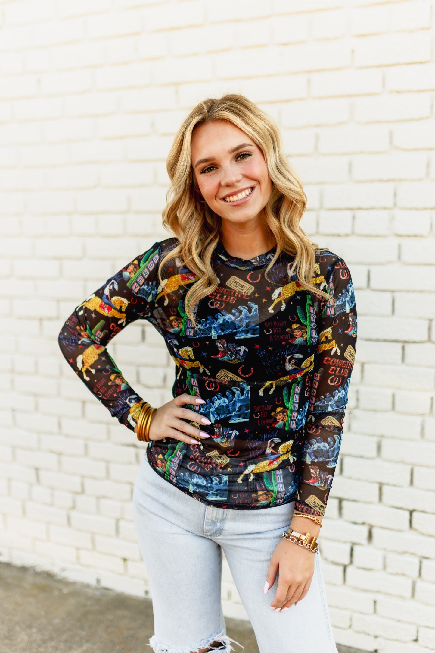 TH1221 BLACK COWGIRL COLLAGE  MESH TOP(7 Piece)