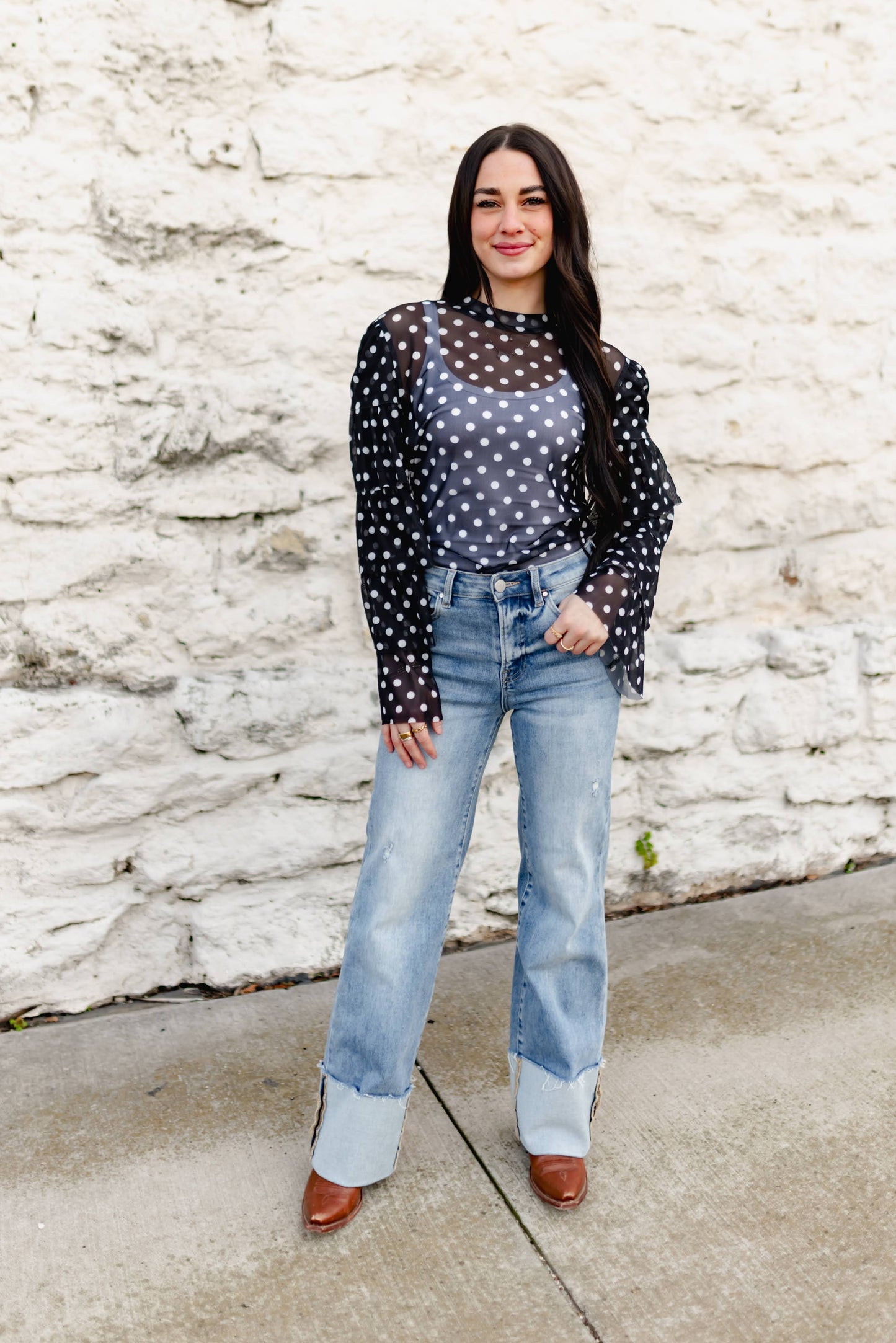 TH70 BLACK WHITE DOTS MESH RUFFLE TOP (7 Piece)